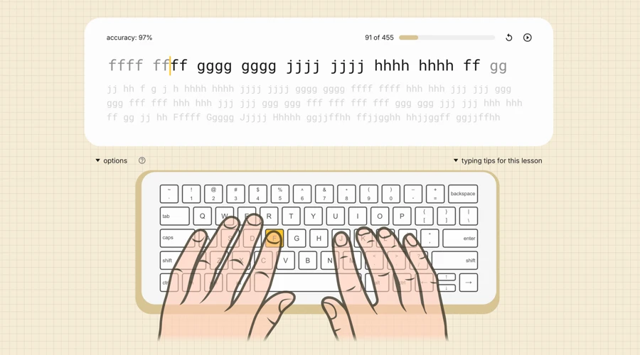 AgileFingers lesson with repeated letters, accuracy feedback, and virtual hands showing finger placement