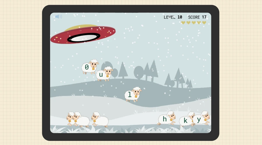 Sheep Rescue typing game with letter and number prompts on sheep
