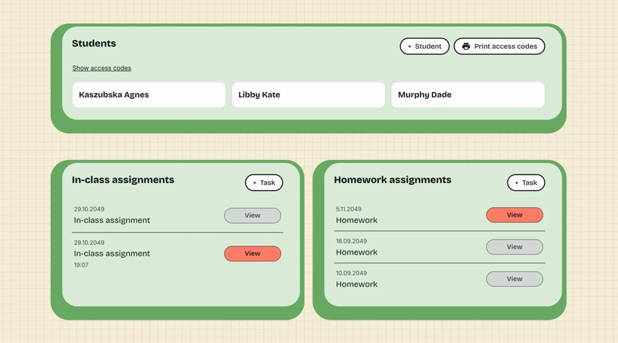 AgileFingers teacher area showing students, in-class assignments, and homework