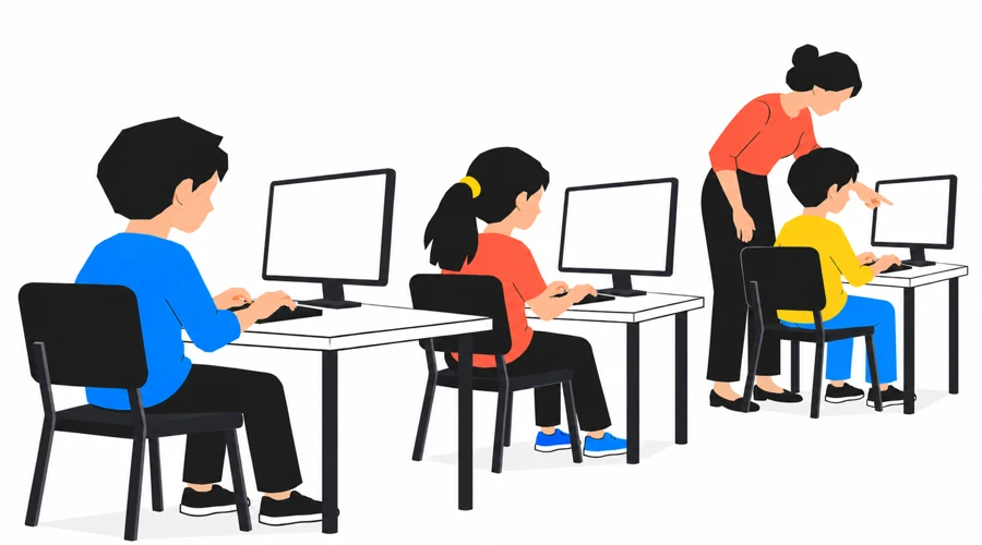 Children learning touch typing at school with a teacher's help