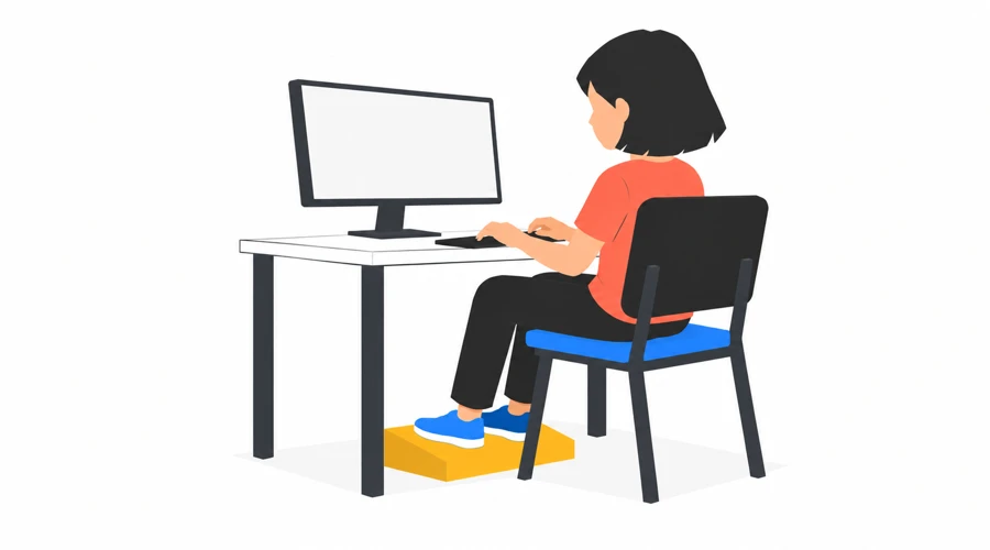Ergonomic sitting position for a child learning touch typing, with feet supported