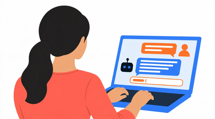 Uma pessoa escreve uma mensagem para um assistente de IA num computador portátil