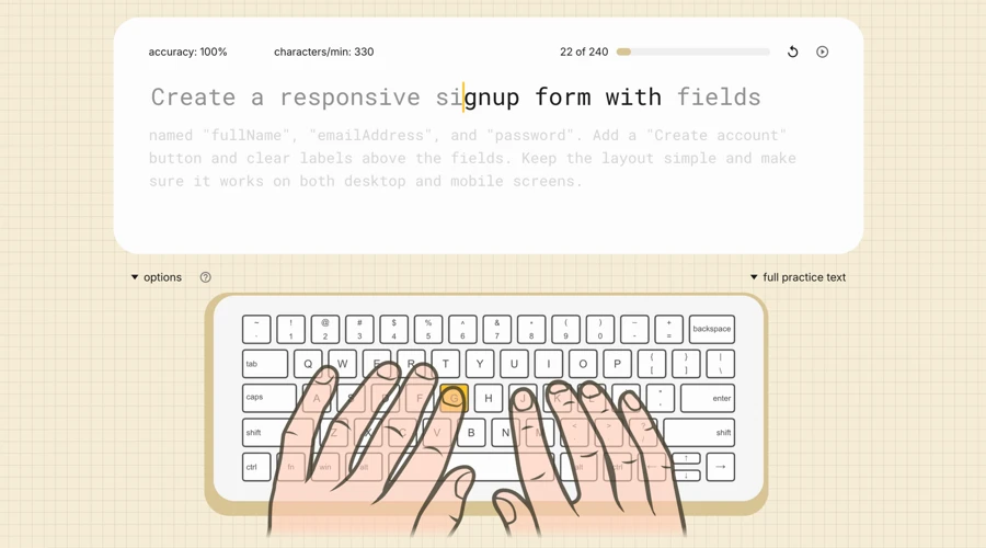 Exercício do AgileFingers com um prompt em inglês sobre um formulário de criação de conta e orientação virtual dos dedos
