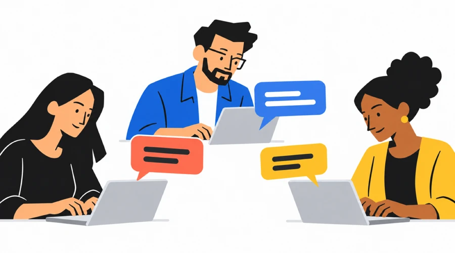 Três colegas escrevem nos seus computadores portáteis, com balões de mensagens entre eles