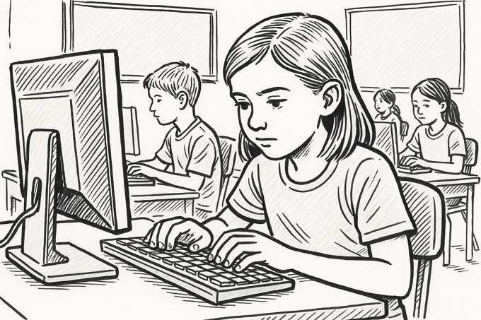 kid concentrating while keyboard typing